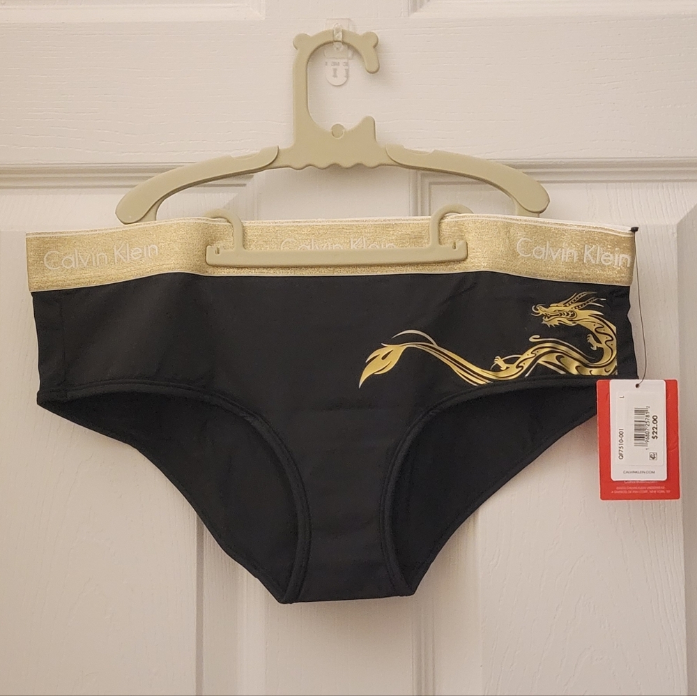 Calvin Klein Black and Gold Dragon Hipster Underwear Panties - Large